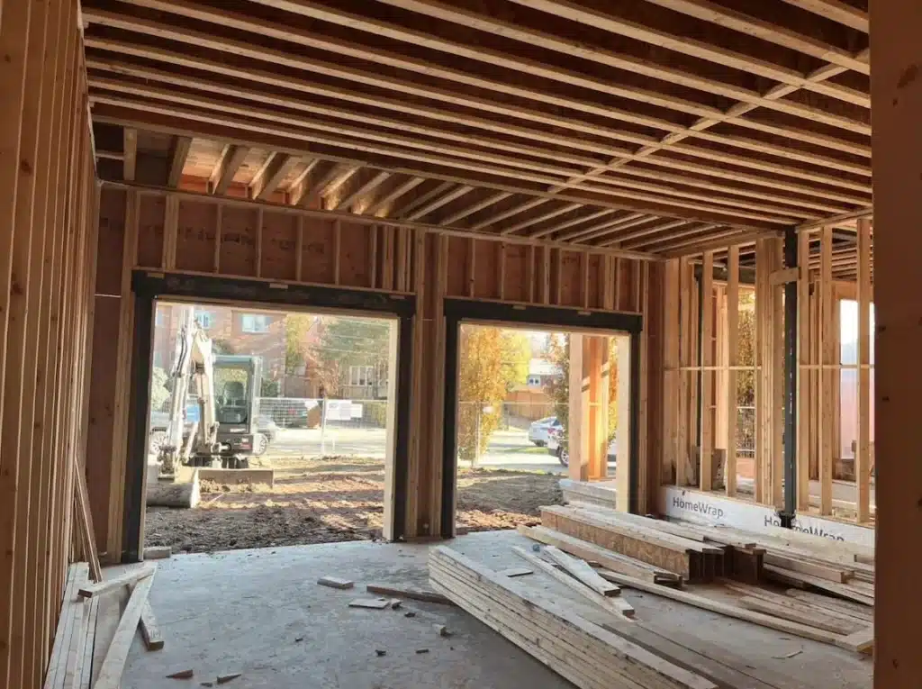 Interior structural framing view of an attached garage featuring dual wide garage door openings with steel headers and a mini-excavator working outside on the lot.