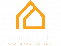 Logo for StrongBuilds Engineering Inc. featuring an orange minimalist house outline above the company name.